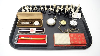 Lot 206 - A Staunton chess set; together with a selection of accessories, a pencil and pocket watches.