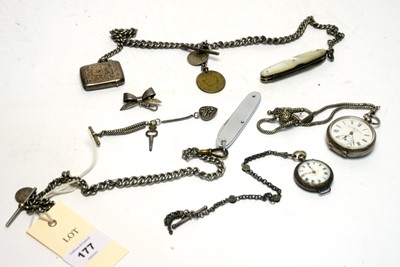 Lot 177 - Two silver cased fob watches and other items.