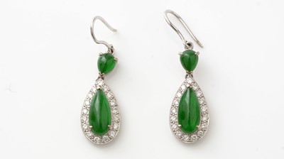 Lot 422 - A pair of jade and diamond cluster drop earrings