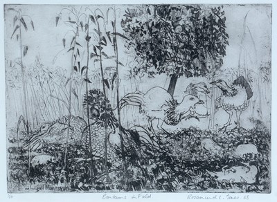 Lot 20 - Rosamund Jones RE - Bantams in Field, and A Monk | limited edition etchings