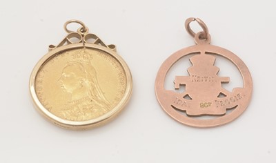 Lot 93 - Gold sovereign pendant and Royal Artillery pendant