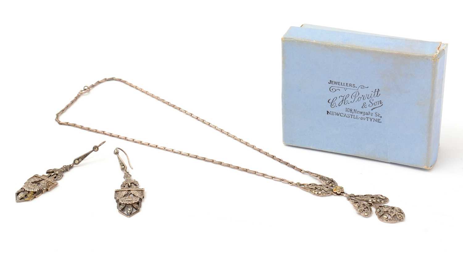 Lot 4 - A pair of 1920s Aesthetic Movement white-metal and marcasite pendant earrings and necklace