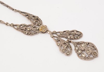 Lot 4 - A pair of 1920s Aesthetic Movement white-metal and marcasite pendant earrings and necklace
