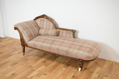 Lot 49 - A 19th C Victorian chaise longue upholstered in floral and tartan polychrome fabric