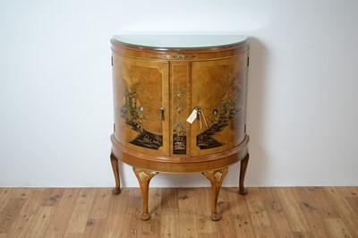 Lot 4 - A 20th Century demi lune walnut cabinet with chinoiserie detailing