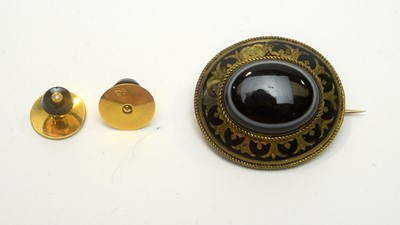 Lot 175 - A Victorian mourning brooch, and two 9ct yellow gold, onyx and seed pearl shirt studs