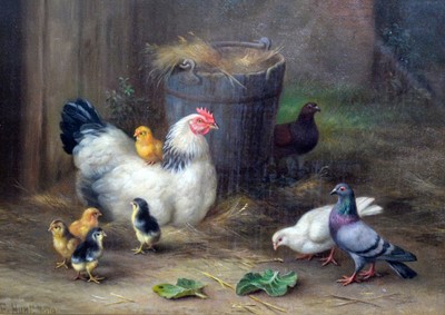 Lot 1135 - Edgar Hunt - Pigeons and a Peep of Chickens | oil