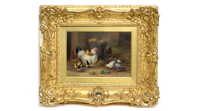 Lot 1135 - Edgar Hunt - Pigeons and a Peep of Chickens | oil