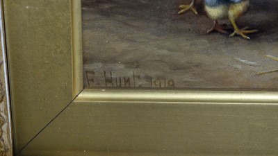 Lot 1135 - Edgar Hunt - Pigeons and a Peep of Chickens | oil