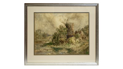 Lot 994 - George Horton - Blustery Landscape with Wooden Windmill | watercolour