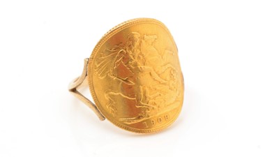 Lot 188 - An Edward VII sovereign, bent and soldered into a ring