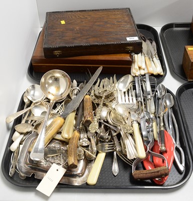 Lot 455 - A cased set of electroplate fruit knives and forks, and a large quantity of flatware.