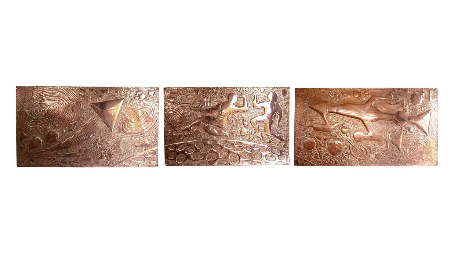 Lot 197 - Three large decorative 20th Century copper panels from the Man in the Moon pub