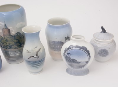 Lot 763 - Six small Royal Copenhagen vases; a covered jar with bird finial; Royal Copenhagen decanter.