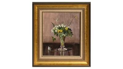 Lot 1099 - Jane Elliott - Still Life with Snowdrops and Ivy | oil