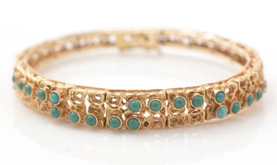 Lot 445 - A 14ct yellow gold and turquoise bracelet