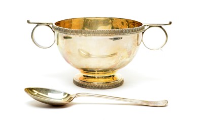 Lot 139 - A silver two handled bowl and spoon cased, by Walker and Hall