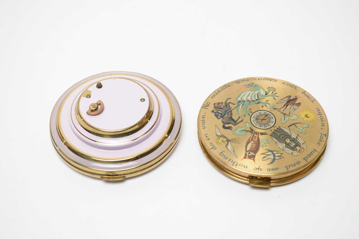 Lot 83 - A late 1940s Liberty of London "Liberty Clock" transfer printed compact "No minute gone comes back"
