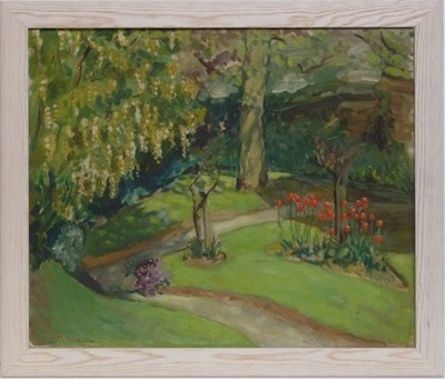 Lot 663 - Cecil Drake - Spring Garden with Laburnum and Tulips | oil