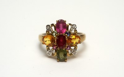 Lot 219 - A pink, green and yellow sapphire and diamond ring