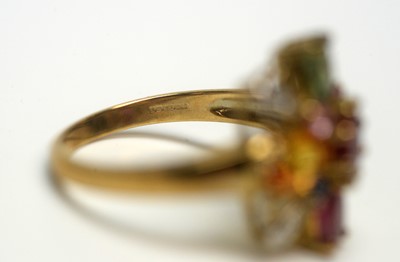 Lot 219 - A pink, green and yellow sapphire and diamond ring