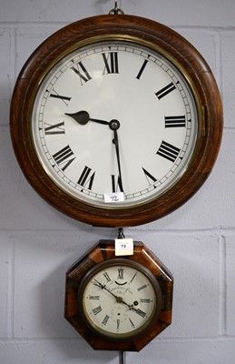 Lot 72 - An early 20th Century wall timepiece; together with a smaller wall timepiece.
