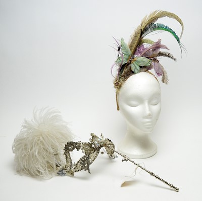 Lot 229 - Kathryn Russell iridescent Venetian fantasy masquerade ball mask, and feather fascinator