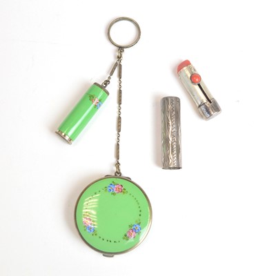 Lot 49 - A 1920s enamelled white-metal pendant vanity duo, and lipstick case