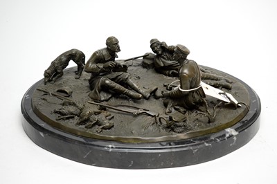 Lot 266 - Hunting Party - Bronzed figure group, raised on an oval marble base.