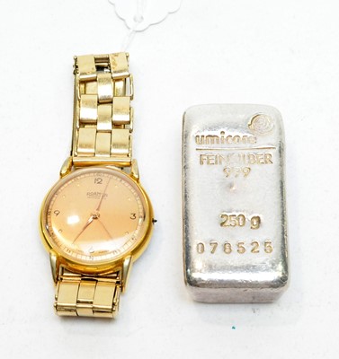 Lot 155 - A gilt cased Roamer wristwatch, and a silver Unicore ingot