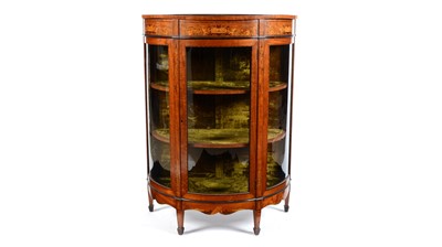 Lot 1325 - An Edwardian inlaid satinwood and mahogany demi lune display cabinet