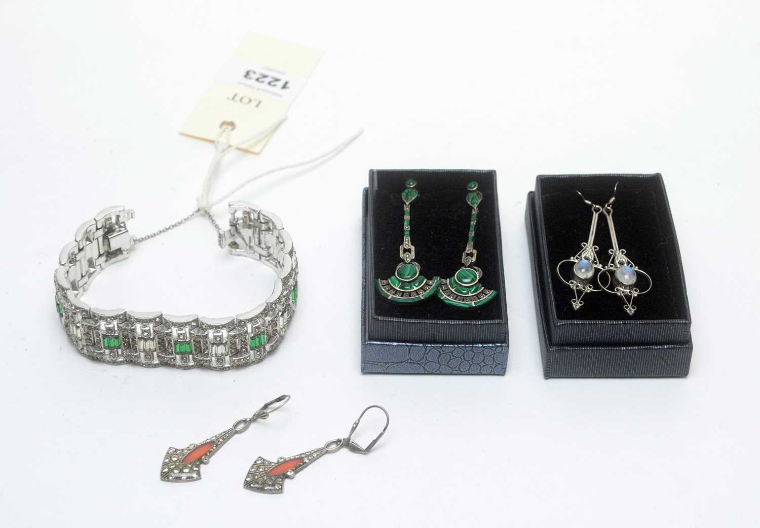 Lot 1223 - A pair of malachite and marcasite Art Deco style drop earrings; and other similar jewellery