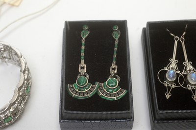 Lot 1223 - A pair of malachite and marcasite Art Deco style drop earrings; and other similar jewellery