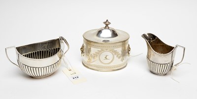Lot 212 - A silver two-handled sugar bowl and cream jug together with a plated biscuit barrel