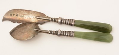 Lot 65 - A George V nephrite handled butter knife and jam spoon, and other items