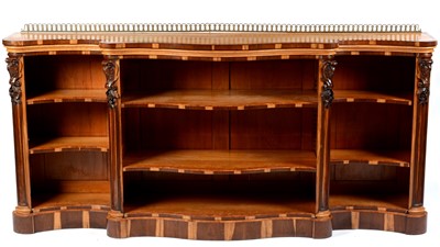 Lot 1343 - Victorian satinwood and coromandel banded serpentine fronted bookcase