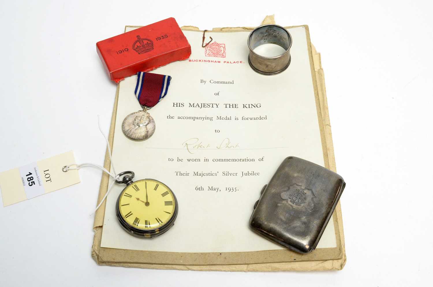 Lot 185 - A silver Jubliee medal, a pocket watch, and other items
