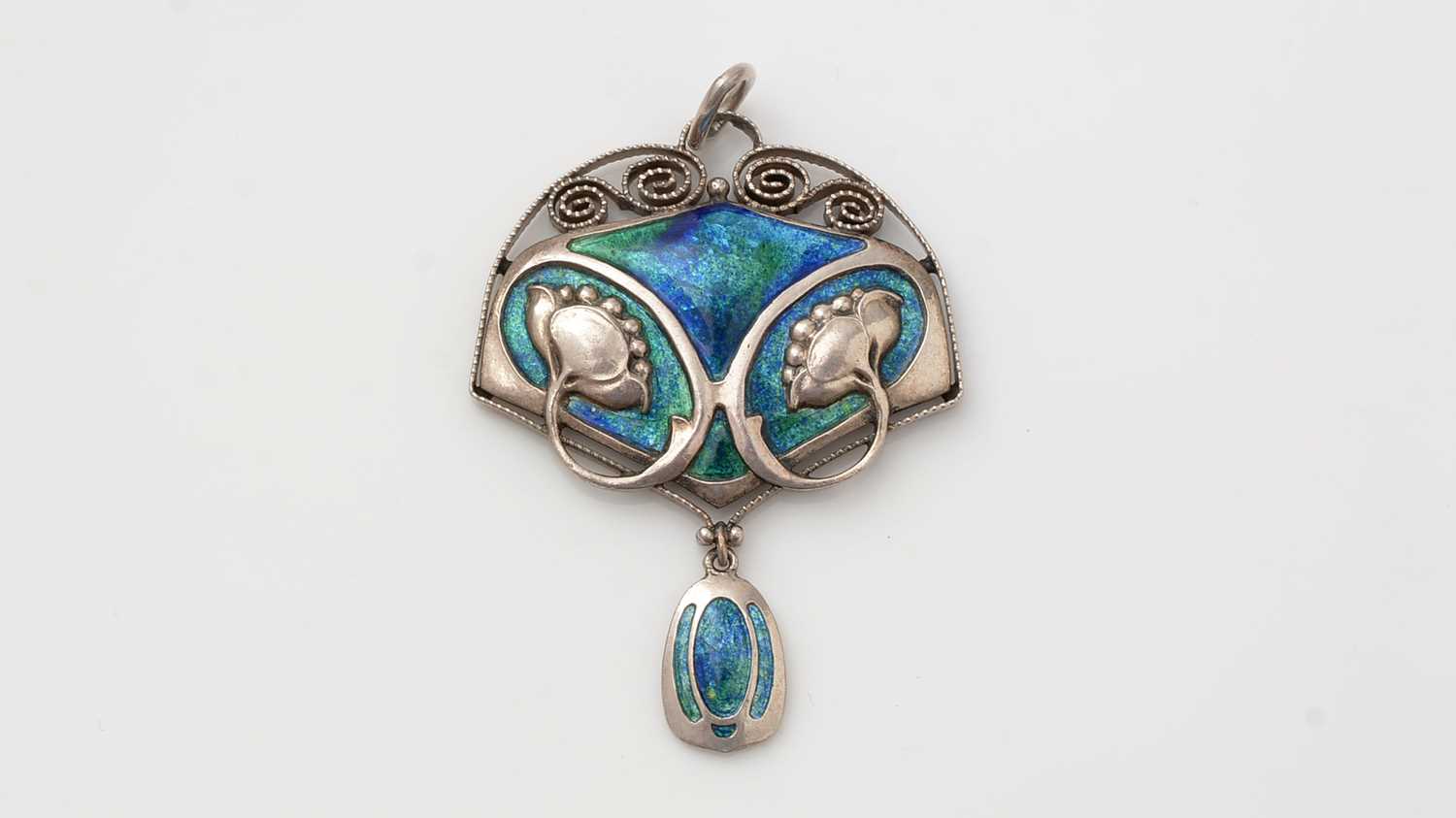 Lot 408 - Murrle Bennett & Co: a silver and enamel Arts and Crafts pendant