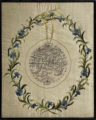 Lot 1190 - A Georgian silkwork map sampler depicting the globe