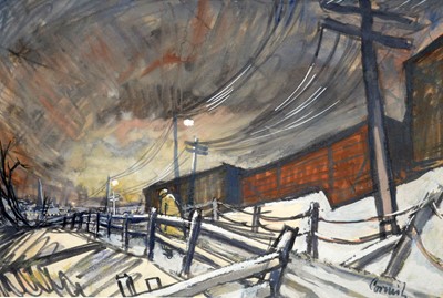 Lot 970 - Norman Cornish - Striding Down Pit Road in the Snow | watercolour and ink