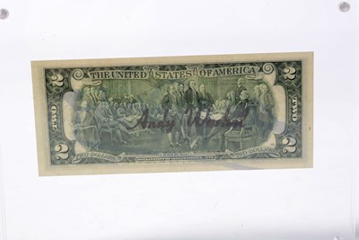 Lot 189 - Andy Warhol - Signed Two Dollar Bill (Thomas Jefferson) | pen and ink
