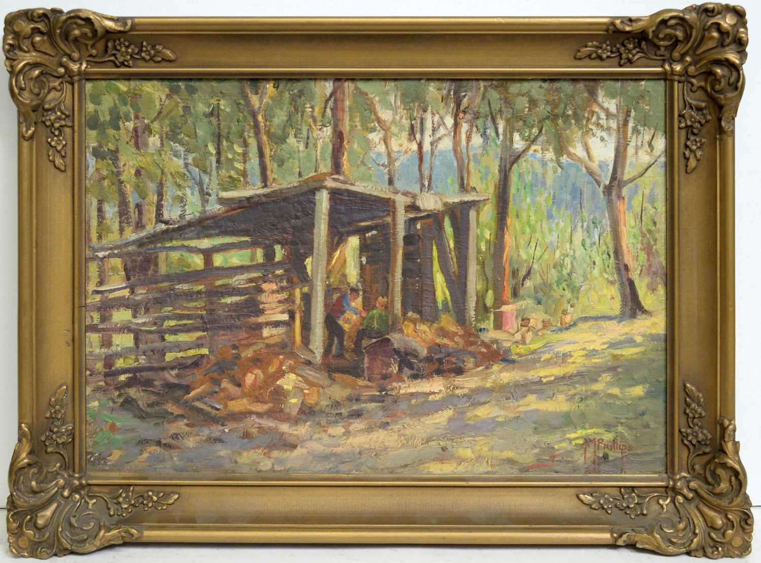 Lot 772 - A. M. Phillips - The Woodshed in Dappled Light | oil