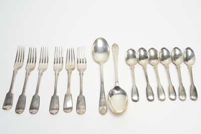 Lot 233 - A pair of silver tablespoons; a set of six silver teaspoons; together with six plated table forks.