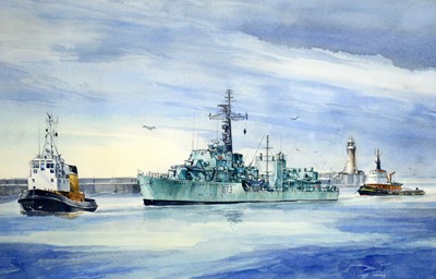 Lot 751 - Tom Dack - HMS Cavalier Entering the Tyne | watercolour