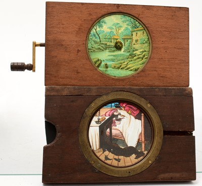 Lot 36 - A collection of six Victorian mahogany springed mechanical lantern slide
