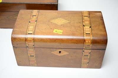 Lot 445 - A Georgian tea caddy; together with a Victorian walnut tea caddy; and a Victorian mahogany workbox