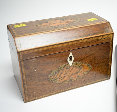 Lot 445 - A Georgian tea caddy; together with a Victorian walnut tea caddy; and a Victorian mahogany workbox