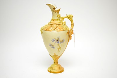 Lot 456 - A Royal Worcester blush ivory ewer, handpainted with blue floral sprays