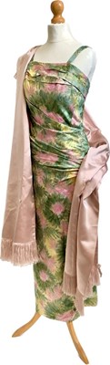 Lot 1157 - A late 1950s silk damask evening dress retailed by Harrods of London, and satin stole.