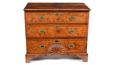 Lot 1302 - A burr walnut and feather banded secretaire chest with sunburst motif